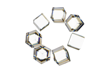 Sparkling cubes arranged in a circular formation displaying reflections and light play on black background