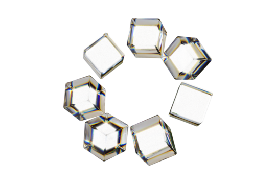 Sparkling cubes arranged in a circular formation displaying reflections and light play on black background