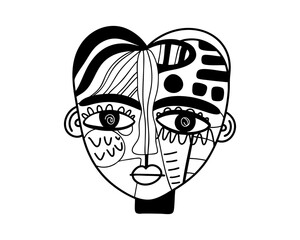Black and White Cubist Face Vector Illustration for Abstract Art Themes in Minimalist Style for Modern Decor Prints