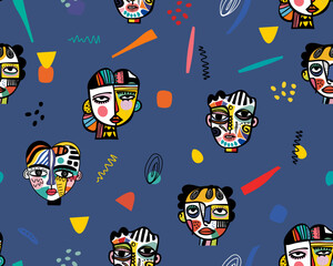 Cubist Faces Pattern on Blue Background Vector Illustration for Abstract Art Themes in Vibrant Style for Modern Decor