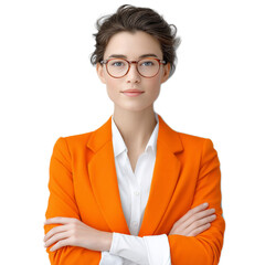 Confident Businesswoman in Orange Blazer with Glasses, Portrait of Empowerment and Professionalism in Modern Workplace