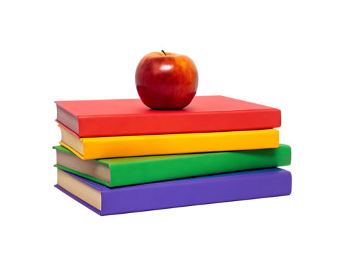 Colorful books stacked with red apple isolated on white background isolated on a white background