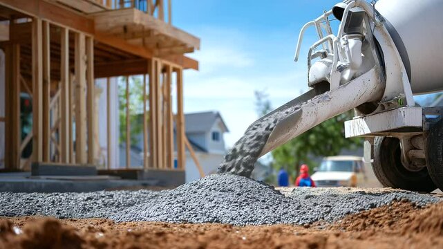 Close-up of rotating cement mixer drum coated in gray residue, pouring slurry into a foundation trench beside new home framework