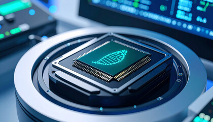 Cutting-Edge Technology: A microchip featuring a DNA strand design sits center stage against the blurred backdrop of technical instrumentation, embodying innovation.