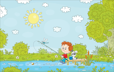 Cheerful little boy together with his funny pup fishing in a pretty small pond in countryside on a sunny day of summer vacations, vector cartoon illustration