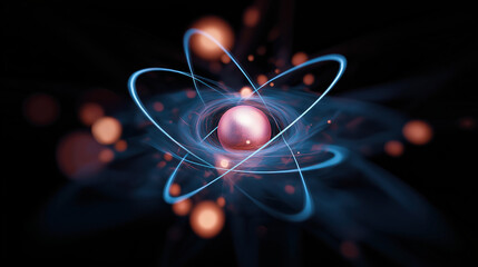 Macro Photo of Glowing Atomic Nucleus with Orbiting Electrons on Black Background – Quantum Energy Concept, Particle Physics Visualization, Nuclear Science Abstract