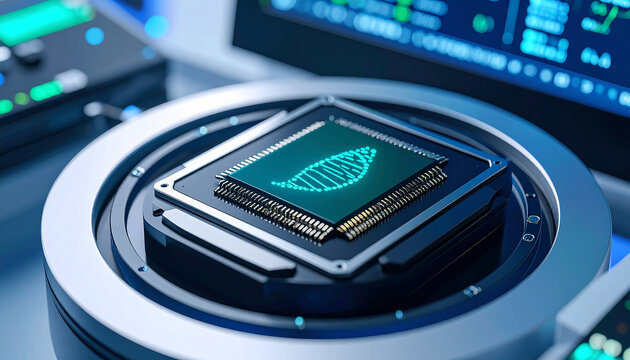 Cutting-Edge Technology: A microchip featuring a DNA strand design sits center stage against the blurred backdrop of technical instrumentation, embodying innovation. - Powered by Adobe