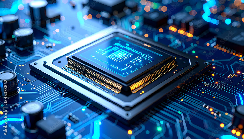 Poster central processing unit: high-tech close-up of a powerful cpu, showcasing intricate circuitry and gl