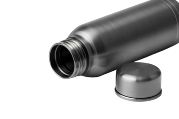 Brushed Metal Water Bottle with Separate Cap Close Up Shot Showing Texture and Detail Gunmetal Grey Color Cylindrical Shape