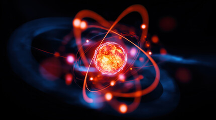 Macro Photo of Glowing Atomic Nucleus with Orbiting Electrons on Black Background – Quantum Energy Concept, Particle Physics Visualization, Nuclear Science Abstract