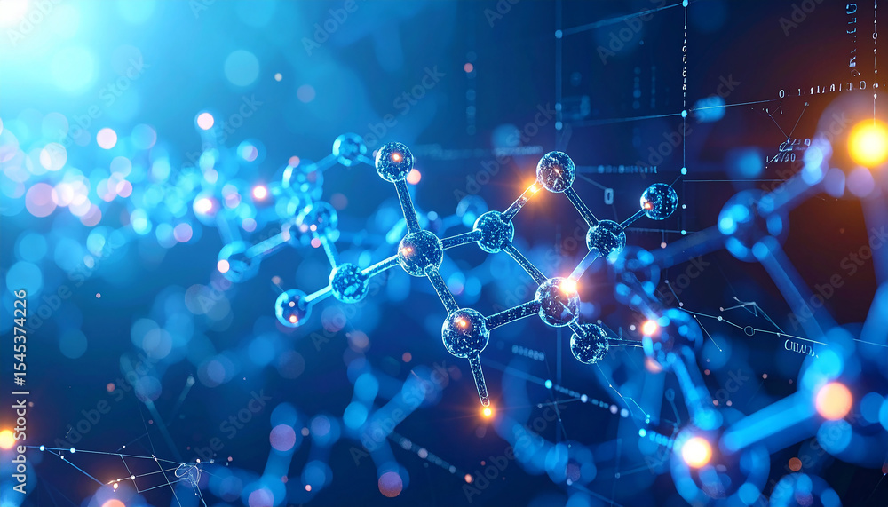 Poster molecular network: a captivating abstract rendering of interconnected molecules, glowing with energy