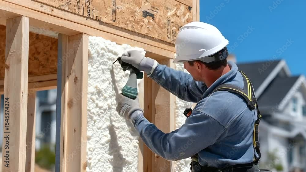 Poster daylight floods the skeletal frame of a new home as a construction worker seals gaps around window f
