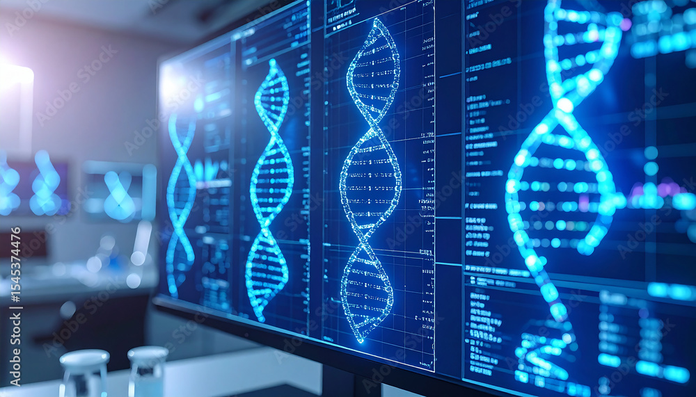 Poster dna double helix on screen: a close-up of a computer screen displaying a double helix dna structure 