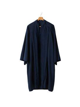Dark Navy Blue Graduation Gown Hanging on Wooden Hanger Isolated on Black Background Academic Attire Ceremony Robe