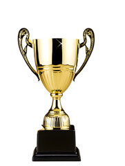 Gold Trophy Award with Black Base Isolated on Black Background Shiny Golden Cup with Ornate Handles Achievement Success Competition Victory Prize