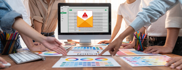 Cyber attacking concept. Malware alert showing on computer screen display scam and threat detection...