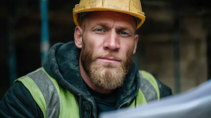 Engineer in yellow safety clothes indoors with construction plans and drawings