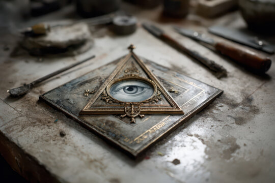 Masons, secret lodge of freemasons with secret order, compass, trowel and an eye in triangle
