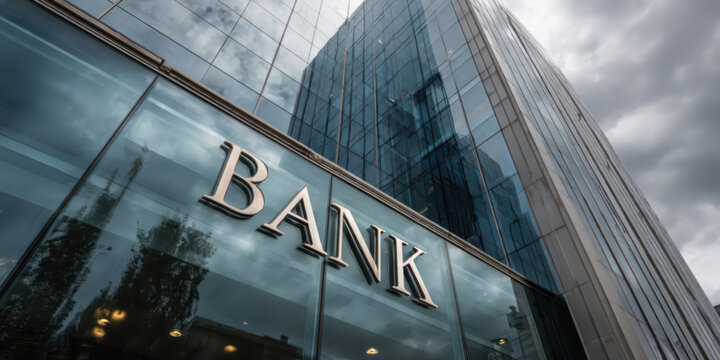 Modern bank building with glass facade and sleek corporate architecture, reflective windows showing urban cityscape, minimalist signage "BANK" in bold metallic letters