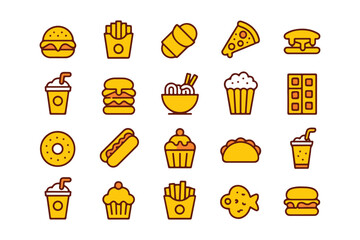 Colorful vector icons of various fast food items