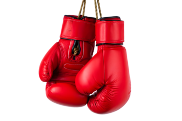 Pair of Red Leather Boxing Gloves Hanging on Tan Rope Against Black Background Vivid Red Boxing Gear Sport Equipment Closeup Studio Shot