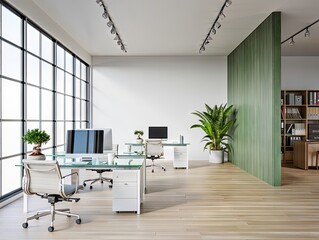 Fototapeta premium Modern minimalist office interior with glass desks, green wall, and large windows.
