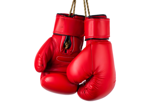 Pair of Red Leather Boxing Gloves Hanging on Tan Rope Against Black Background Vivid Red Boxing Gear Sport Equipment Closeup Studio Shot