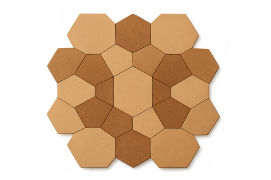 Wooden hexagonal tiles interlocking, forming geometric pattern against transparent backdrop, displaying natural design aesthetic