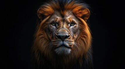 Fototapeta premium Close-up lion portrait against dark backdrop