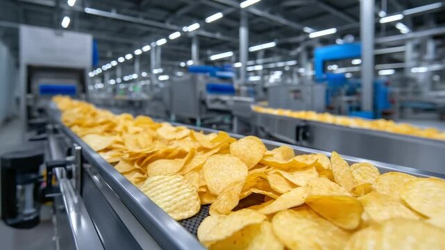 Golden potato chips glide along a stainless steel conveyor belt in a brightly lit food processing factory, showcasing efficiency in automated snack production