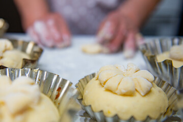 Yeast buns in different ramekins. High quality photo