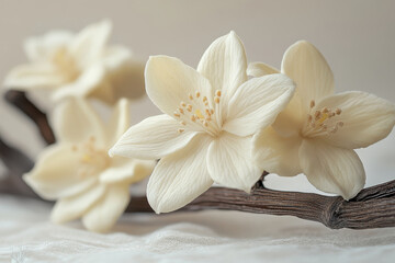 Obraz premium White flowers on a branch, bright blue sky as background.