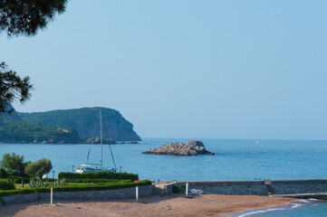 Montenegro, Budva Riviera, pink sand beach and Sveti Stefan Park, on the Adriatic Sea Coast