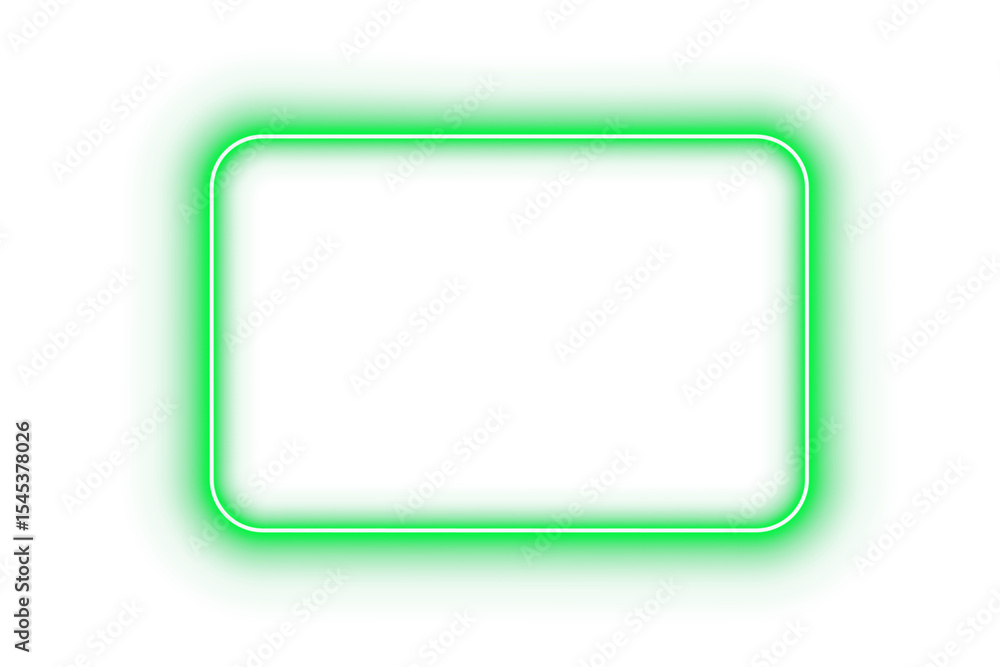 Poster green neon glowing rectangle frame with rounded corners light border outline on transparent backgrou