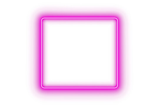 Purple pink neon glowing rectangle frame with rounded corners light border outline on transparent background for banner sign frame template decoration glow design element effect blank center for text

