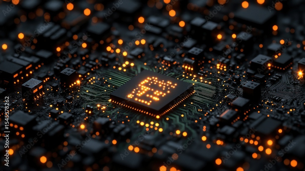 Poster close-up of a glowing cpu on circuit board