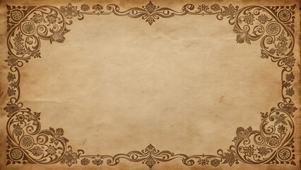 Antique parchment paper background with ornate brown floral border design