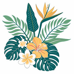 Tropical flowers, palm leaves, jungle leaves, bird of paradise flower, hibiscus, plumeria. Vector flat exotic illustrations	