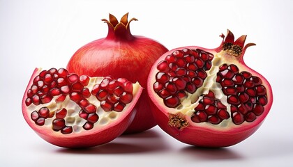 ripe pomegranate cut in half showing seeds on white background