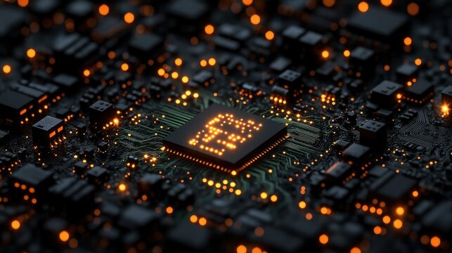 Close-up of a glowing CPU on circuit board