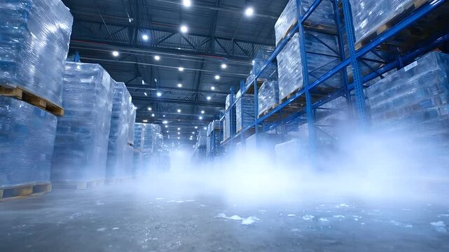 Inside a massive refrigerated warehouse, icy mist drifts between tall metal racks filled with shrink-wrapped pallets, bathed in ethereal blue lighting that reflects off the frosted