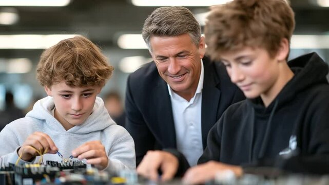 Interactive moment as students connect power sources to training boards, a friendly teacher watching proudly in the background - Powered by Adobe