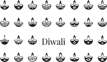 Minimal Diwali Lamp Icons – Black Candle and Oil Lamp Symbol Collection

