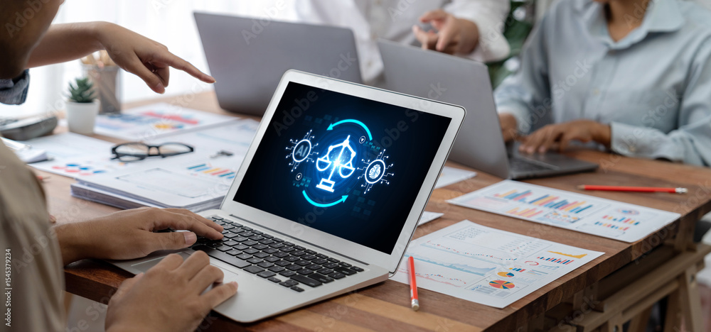 Poster ai ethics responsibility standard law and rules on computer screen provide report of ai ethic transp