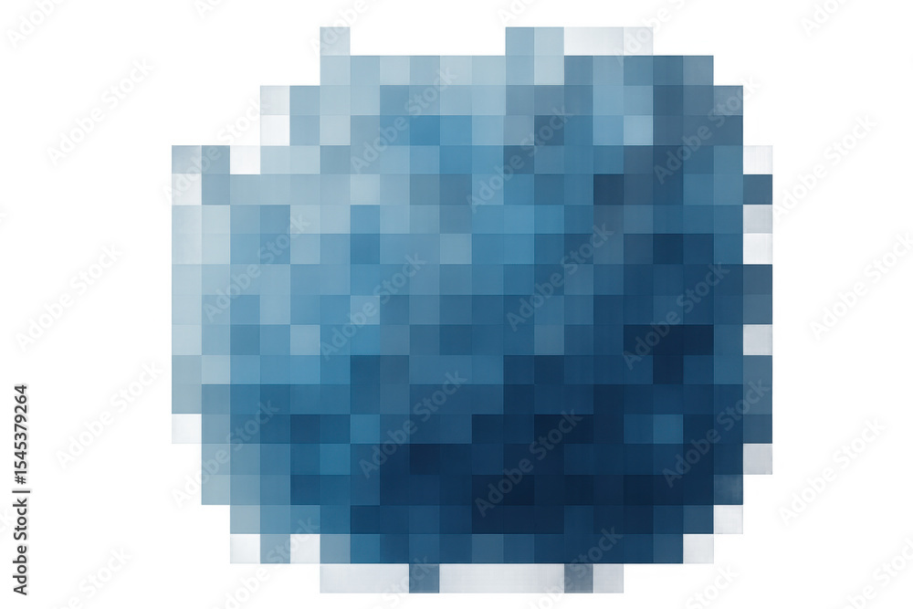 Poster blue pixelated sphere spinning on a transparent background, generating an abstract digital effect wi