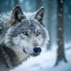 Obraz premium Extreme Close Up of a Grey Wolf with Blue Eyes in the Snow 