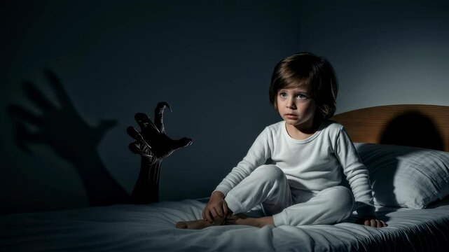Scared kid in bedroom with monster hand and shadow. Boy in white pajamas on bed afraid of nightmare. Fear of dark and imaginary creatures.