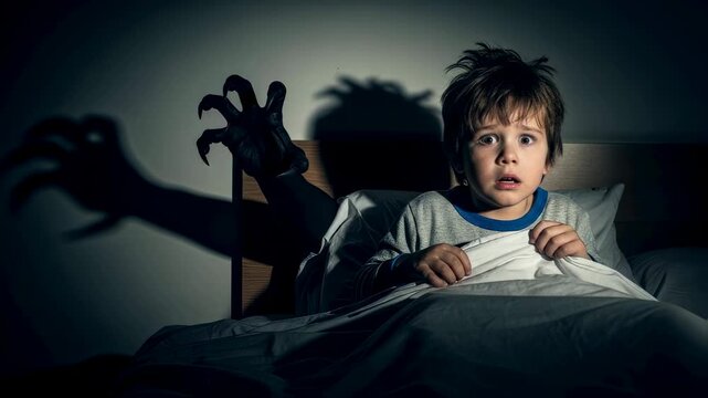 Child having a nightmare in bed, terrified by a monster's hand casting a shadow, symbolizing fear and bad dreams footage.