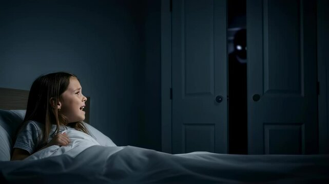 Young girl screaming in bed from a nightmare as a monster emerges from the closet in dark bedroom, footage.