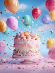 Celebrate a joyful birthday with a delightful cake and colorful decorations on a cheerful backdrop